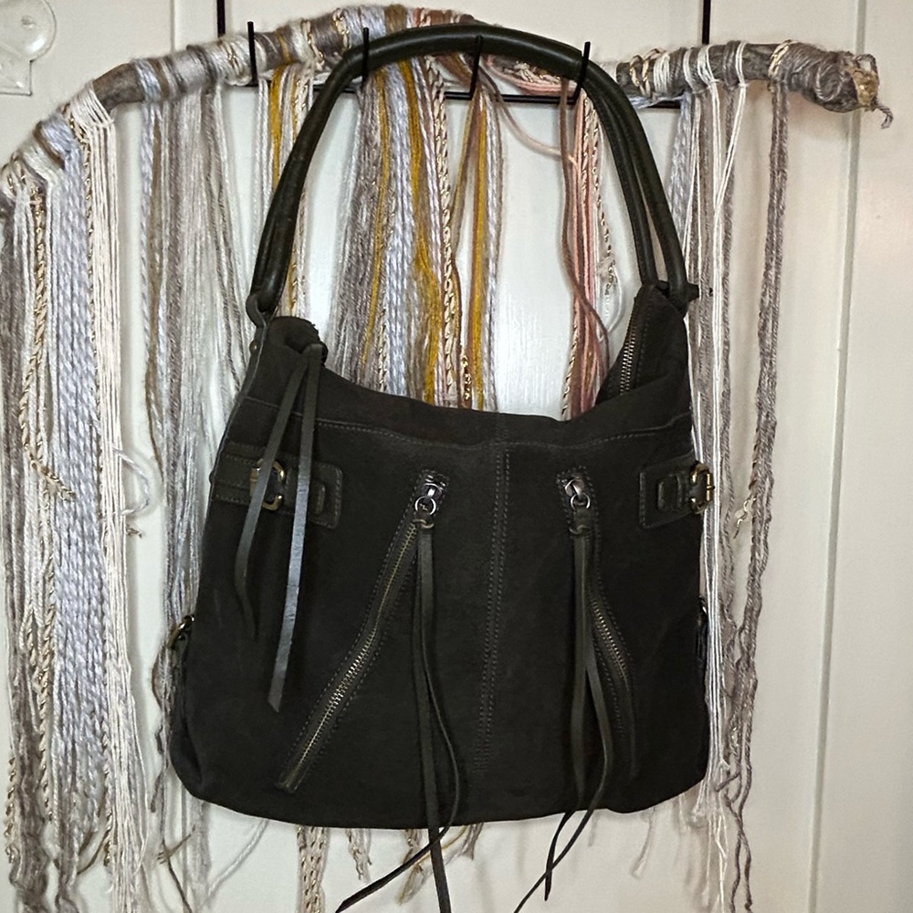 Club Monaco Dark Green Suede & Leather Hobo Shoulder Bag with Gold Tone Hardware